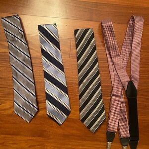 Set of 3 Striped Silk Ties + Red Patterned Suspenders : Geoffrey Beene & Nautica